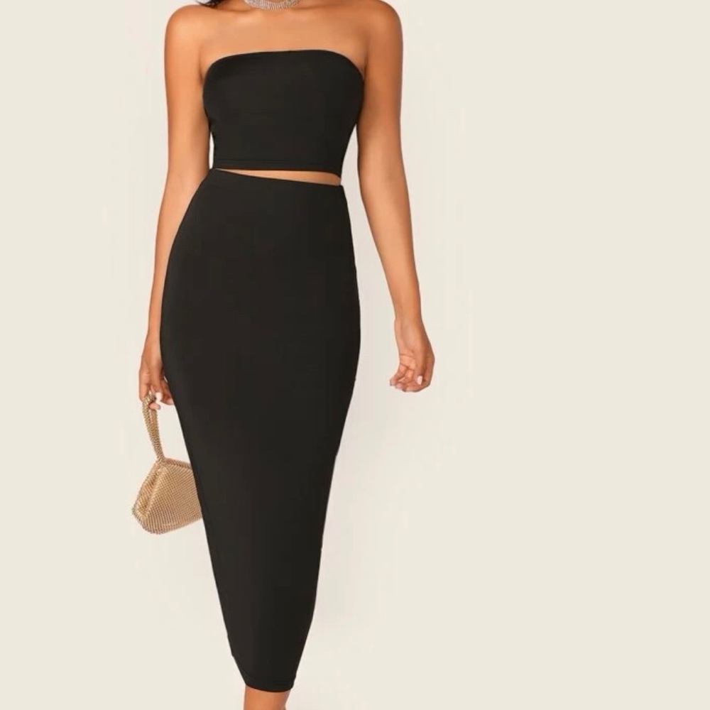 2 piece Solid Cropped Tube Top and Pencil MIDI Skirt Set